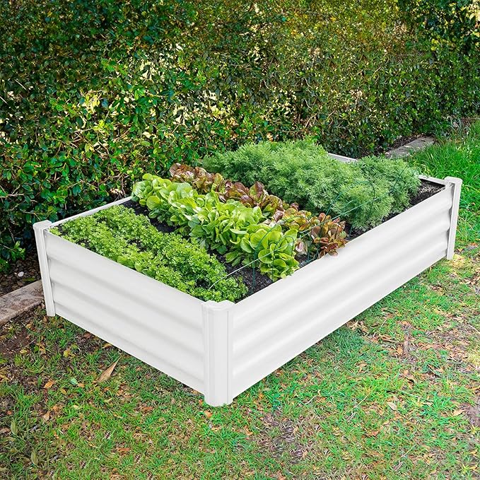 ABSCO The Organic Garden Co. Premium Galvanized DIY 4' x 3' Rectangle Garden Bed with Easy Assembly Superior Drainage Surfmist White Steel Metal Planter Box 12 Walls for All Plants