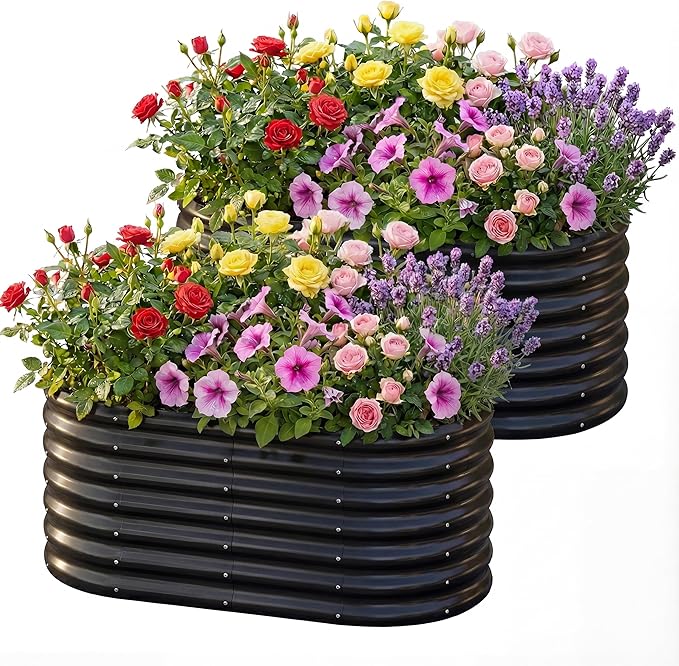 AHEONLAR 2 Pack 4×2×2ft Galvanized Raised Garden Beds Outdoor Oval Sturdy and Durable Planter Boxes for Vegetables Fruits Flowers and Plants Easy Assembly Black