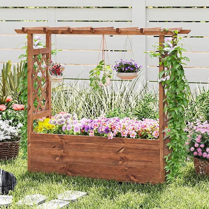 Giantex Raised Garden Bed with Sided Trellis &amp Roof Set 2 31”x16”x41” Wood Elevated Planter Box Freestanding Garden Planter Raised Bed for Flowers Herbs Climbing VinesBrown