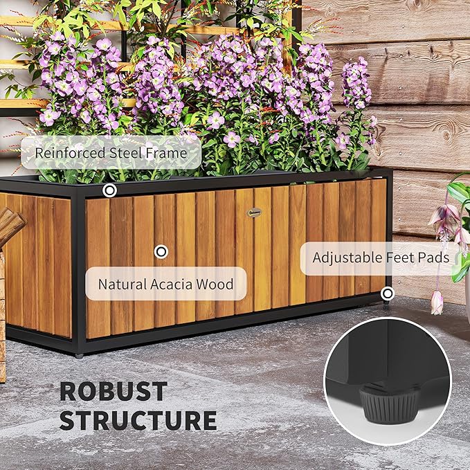 Outsunny Wooden Raised Garden Bed with Trellis Removable Pots Drainage Holes for Climbing Vines Vegetables Flowers Raised Planter Box for Backyard Patio Balcony 29 x 11 x 52 in. Teak