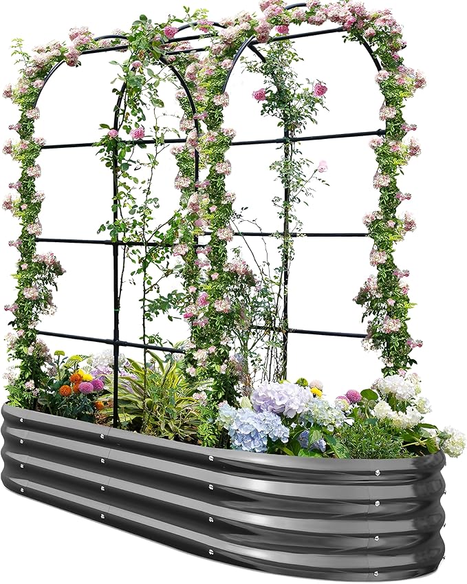 KING BIRD Raised Garden Bed with Arched Trellis Galvanized Planter Garden Box Outdoor for Gardening Climbing Vegetables Flowers 5.9x2.95x0.98 Ft Dark Grey