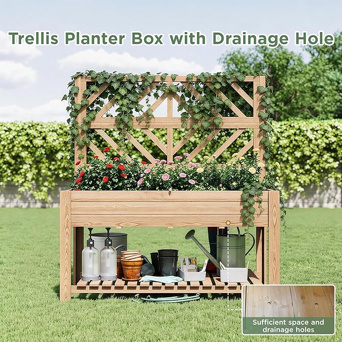 Vabches Wooden Elevated Raised Garden Bed with Trellis47x24x55 in Planter Box with Legs and Storage ShelfFreeStanding Gardening Planter for Flower Herb Vegetable Fruit Climbing Vines