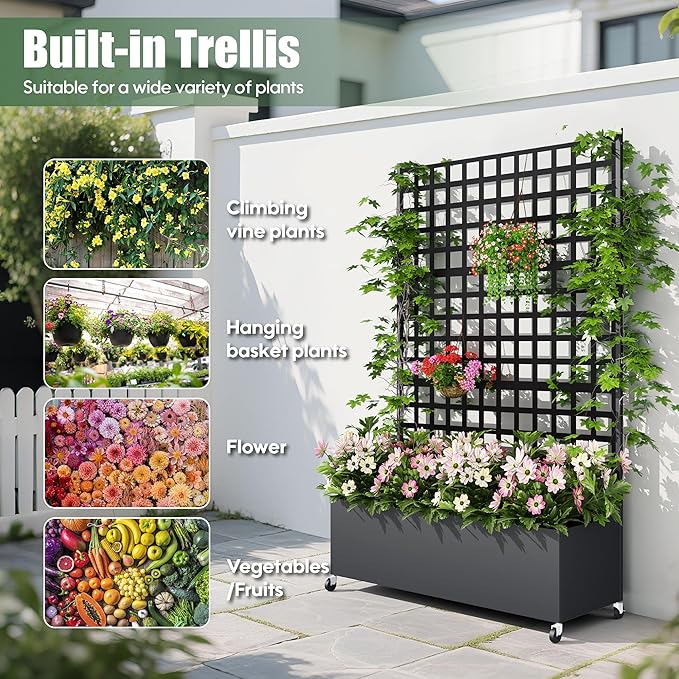 Metal Planter Box with Trellis Privacy Screen Raised Garden Bed with Lattice Trellis &amp Wheels Privacy Planters for Patio Planter Box for Climbing Plants Flower 73x 47x 16 Black