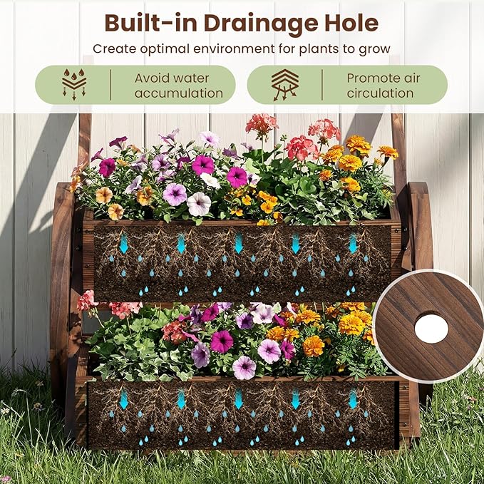 HAPPYGRILL Wooden Wagon Planter Box 2-Tier Raised Garden Bed w/Wheels &amp Drainage Hole Decorative Garden Planter for Flowers Herbs Vegetables Indoor Outdoor Flower Cart for Patio Garden Balcony