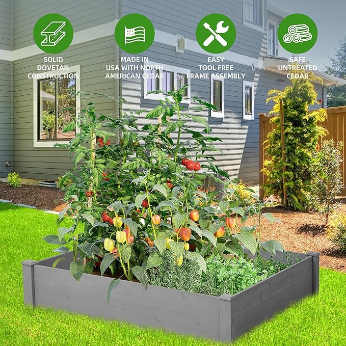 Square Raised Garden Bed 48x48x10 Inches Compact Outdoor Wood Planter Box for Patio Balcony &amp Corners - Tool-Free Assembly Elevated Garden for Small Space Gardening