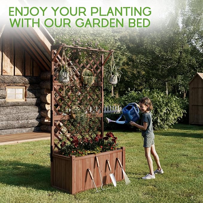 SPECRAFT Wood Planter with Trellis 35.4x17.7x72 Inch Raised Garden Bed 1.6Ft Deep Large Planter Box for Outdoor Gardening Vegetables and Climbing Plants