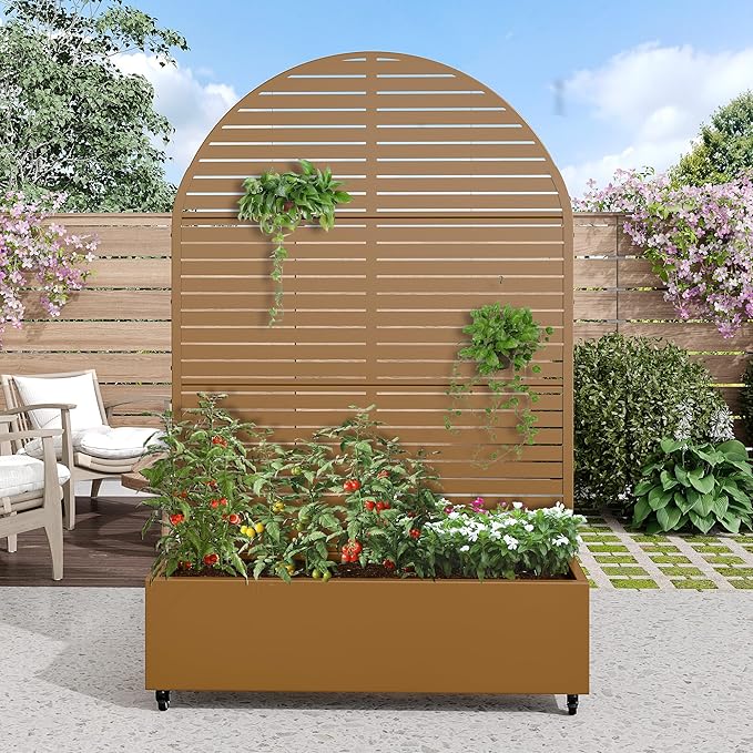 Casaphoria Metal Raised Garden Bed with Trellis and Wheels 72x47x16 Arched Planter Box for Climbing Plants Vegetables &amp Vines Features Drainage Holes and Privacy Screen (Brown-Louvered)