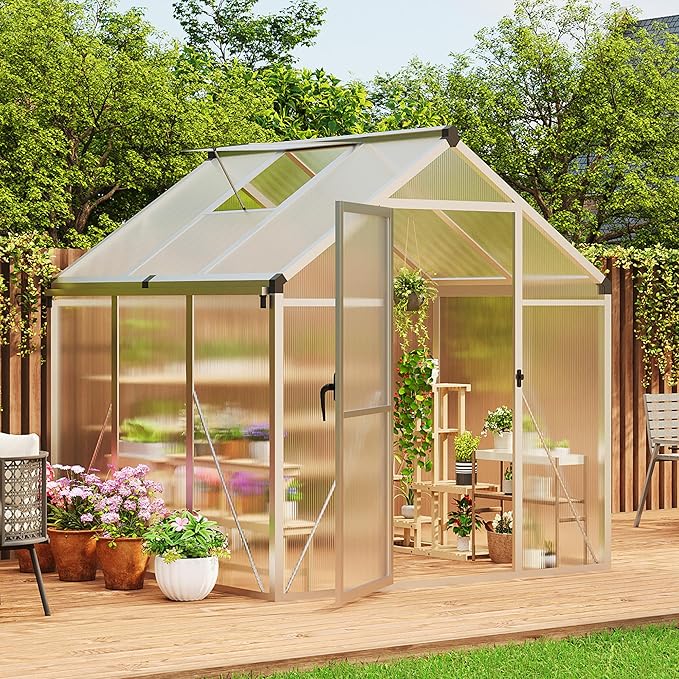 6X6 FT Greenhouse for Outdoors Large Walk-in Polycarbonate Greenhouse Kit Aluminum Frame Lockable Door Roof Vent Ground Spikes for Garden Patio Backyard Outdoor Plant Growth