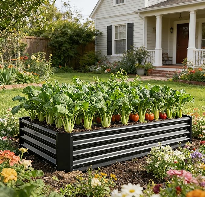 Metal Galvanized Raised Garden Bed Kit 6 x 3 x 1 ft Galvanized Steel Raised Garden Planter Box Outdoor with Open Base for Growing Vegetables/Flowers/Herbs/Fruits/Succulents Rectangle Black
