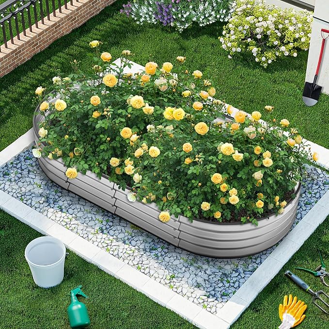 Crownland Outdoor Garden Metal Raised Garden Beds Oval Galvanized Planter Box Rubber Edge Guard for Patio Growning Fresh Vegetables Flowers Herbs and Succulents(8ft*4ft*1ft) Silvery