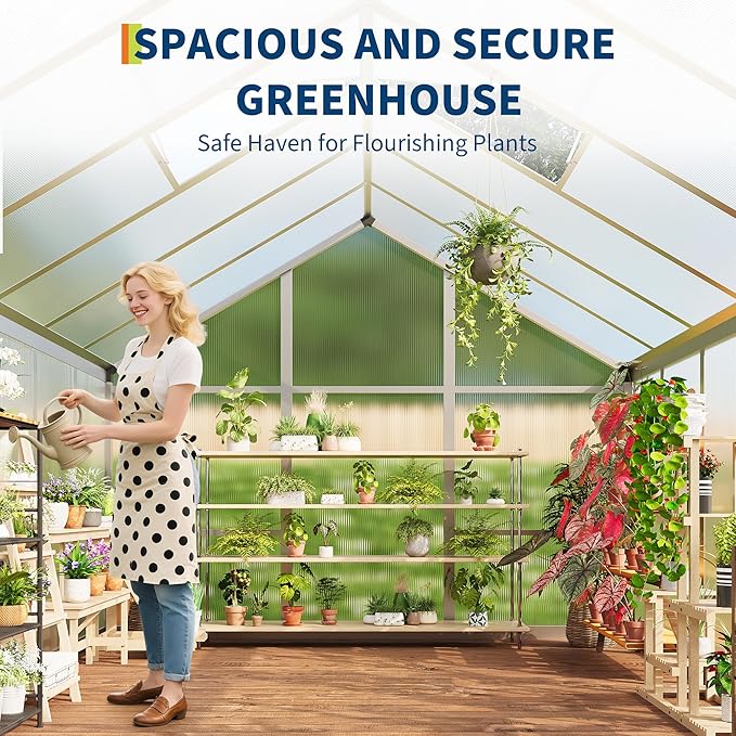 6X6 FT Greenhouse for Outdoors Large Walk-in Polycarbonate Greenhouse Kit Aluminum Frame Lockable Door Roof Vent Ground Spikes for Garden Patio Backyard Outdoor Plant Growth
