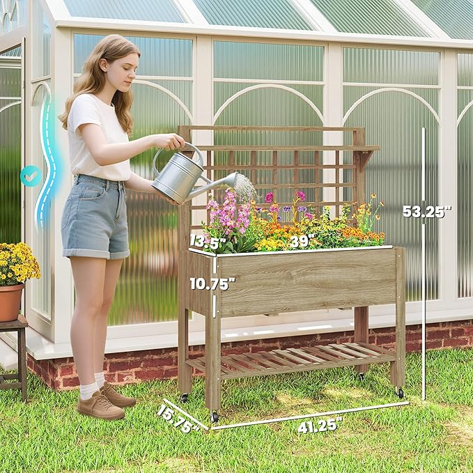 Outsunny 41 Raised Garden Bed with Trellis on Wheels Wooden Elevated Planter Box with Legs and Bed Liner for Flowers Herbs &amp Vegetables Dark Brown