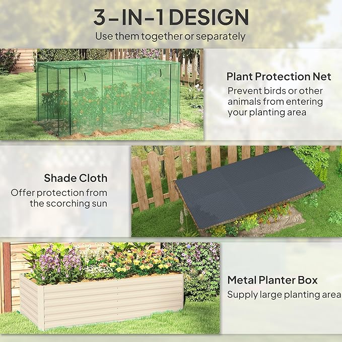 Outsunny 7.3 x 3.4 x 2 ft Galvanized Raised Garden Bed with Crop Cage Plant Protection Net and Shade Cloth Roof Metal Planter Box with Cover for Vegetables Flowers Herbs Beige