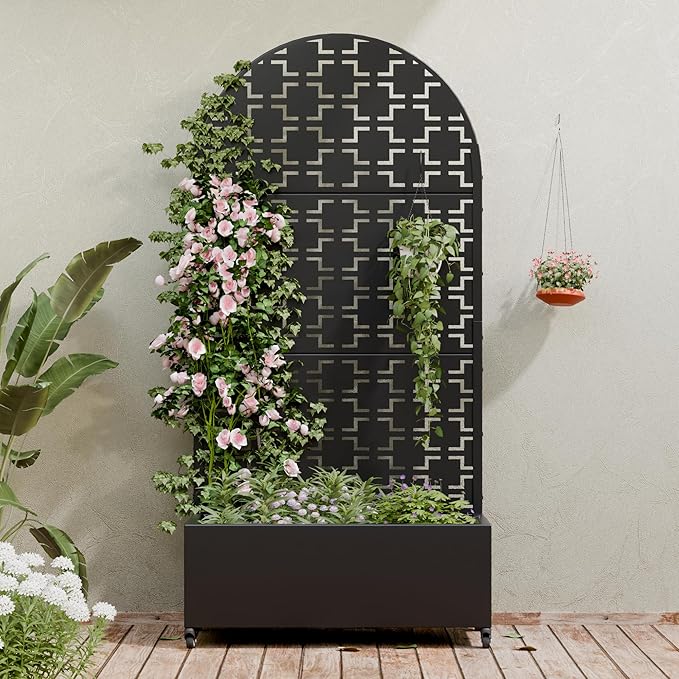Casaphoria Metal Raised Garden Bed with Trellis and Wheels 72x35x16 Arched Planter Box for Climbing Plants Vegetables &amp Vines Features Drainage Holes and Privacy Screen (Black-Square)