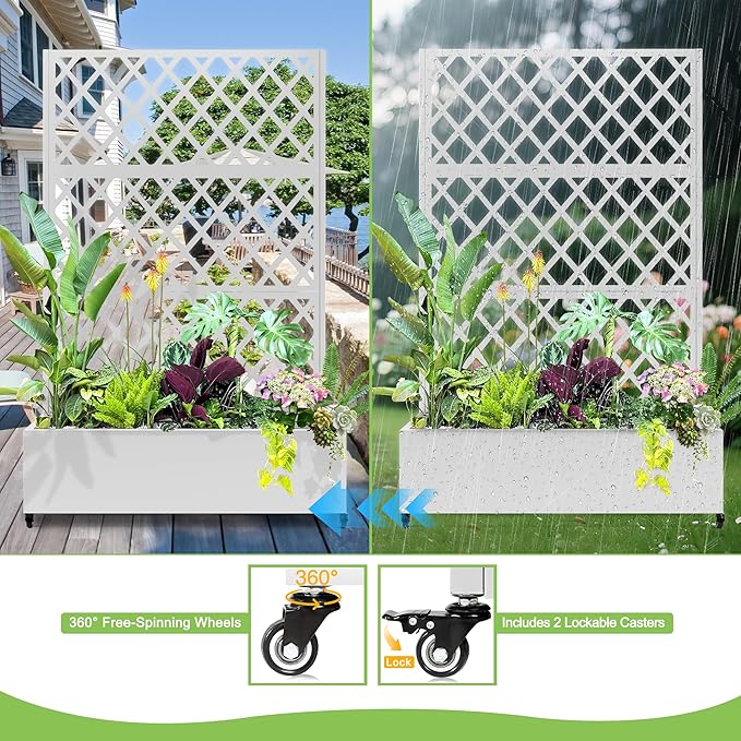 Metal Planter Trellis Box with Wheels &amp Drain Plug Outdoor Raised Garden Bed Patio Privacy Screen with Planter for Climbing Plants Vegetables 73x47x16 White-Diamond