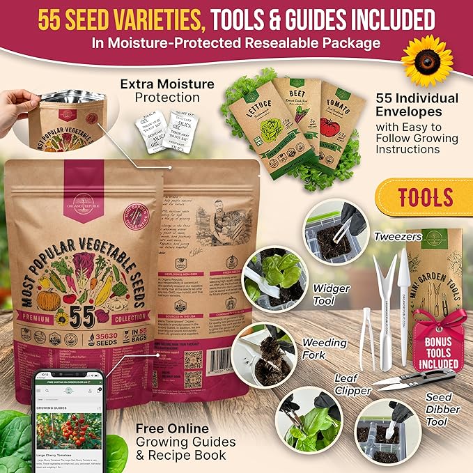 55 Vegetable Seeds Variety Pack - 35600+ Non-GMO Heirloom Seeds for Planting Vegetables and Fruits in Individual Seed Packets Home Garden Seeds for Hydroponic Indoor and Outdoors Gardening