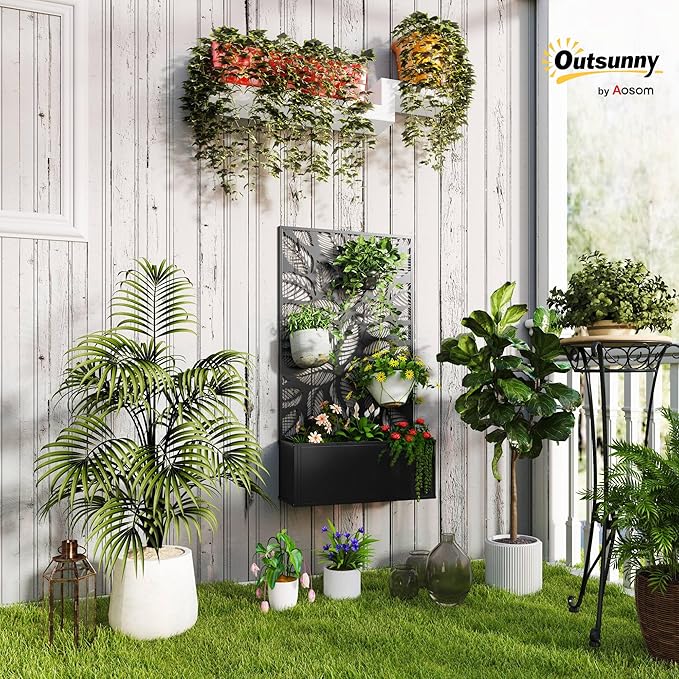 Outsunny Metal Raised Garden Bed with Trellis for Climbing Plants Freestanding or Wall Mounted Flower Bed with Privacy Panel Small Leaves Cut-Outs Outdoor Planter Box for Garden Patio Balcony