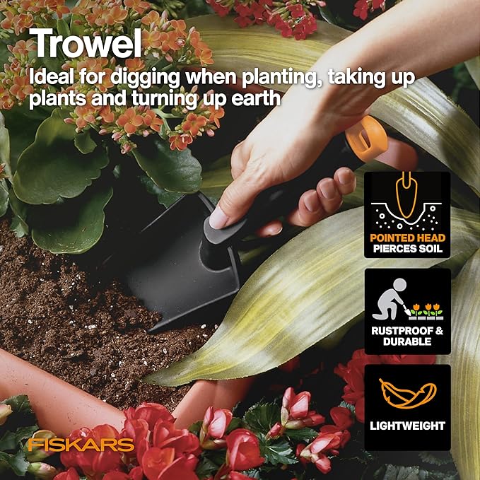 Fiskars House Plant Starter Tool Gift Set with Bypass Pruner Trowel Cultivator and L/XL Garden Gloves Accessories for Indoor Gardening (4 Piece Kit)