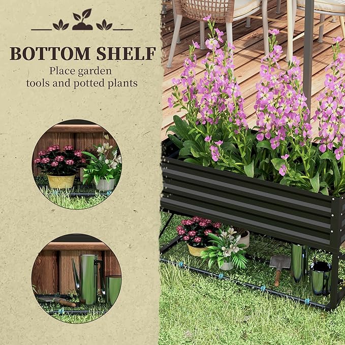 Outsunny Raised Garden Bed with Galvanized Steel Frame Storage Shelf and Bed Liner Elevated Planter Box with Legs for Vegetables Flowers Herbs Black