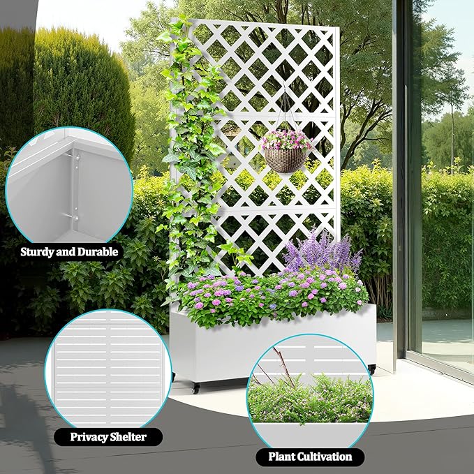 Metal Planter Box with Trellis Planter Box with Privacy Screen Privacy Trellis Outdoor for Climbing Plants with Drainage Holes Raised Garden Bed with Wheels