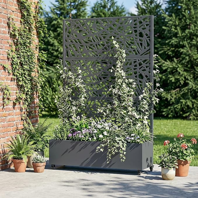 Casaphoria Metal Raised Garden Bed with Trellis and Wheels 72x47x16 Planter Box for Climbing Plants Vegetables &amp Vines Features Drainage Holes and Privacy Screen Drakgrey-Net