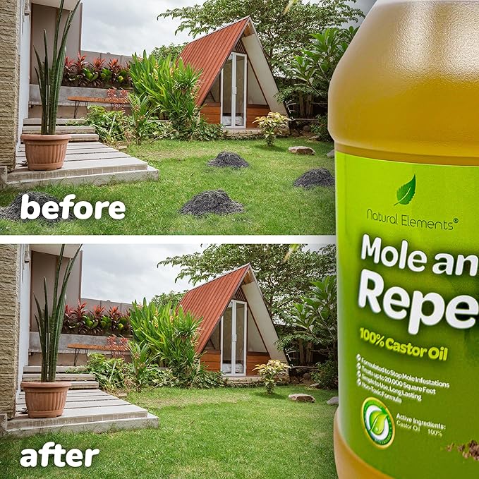 Natural Elements Mole and Vole Repellent – 100% Castor Oil Formula – Lawn and Yard Treatment – Covers Large Areas – 128 oz (1 Gallon)
