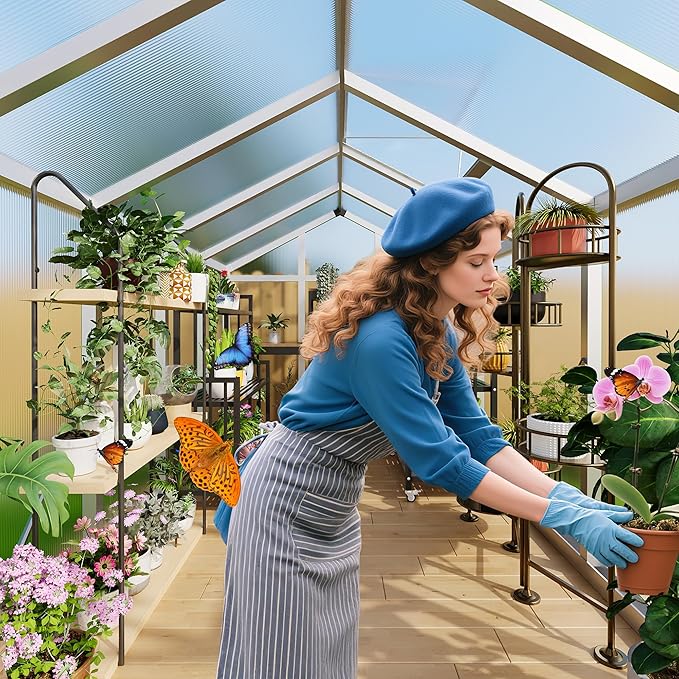 6X6 FT Greenhouse for Outdoors Large Walk-in Polycarbonate Greenhouse Kit Aluminum Frame Lockable Door Roof Vent Ground Spikes for Garden Patio Backyard Outdoor Plant Growth