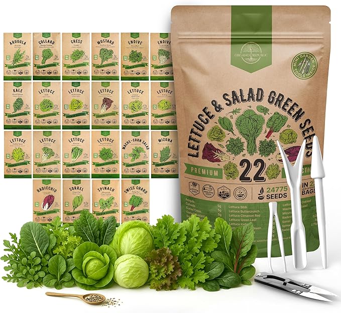 Organo Republic 22 Lettuce &amp Salad Greens Seeds Variety Pack 24700+ Non-GMO Heirloom Lettuce Seeds for Indoor &amp Outdoor Garden Hydroponic &amp Aeroponic - 2026 Season - Arugula Spinach Sw