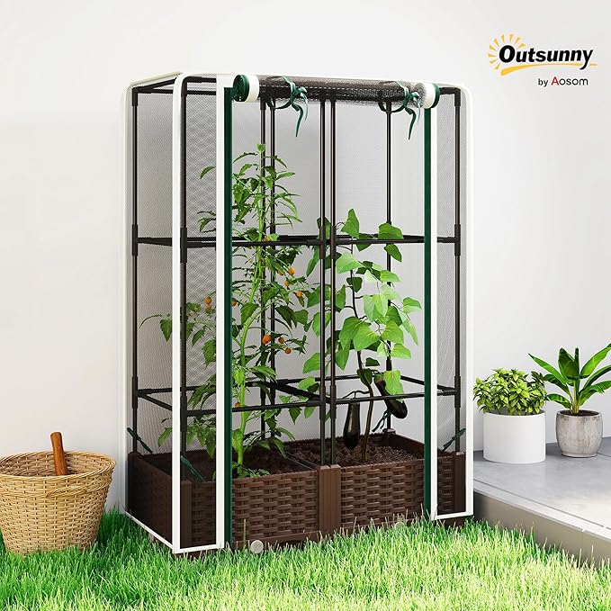 Outsunny Raised Garden Bed with Trellis 46.5 Tomato Cage with Crop Cage Self Watering Planter Box with Drainage Holes and Plugs for Outdoor Patio Climbing Plants Vines Vegetables Flowers White