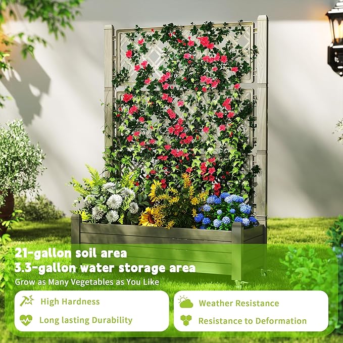 Elevated Raised Garden Bed with TrellisOutdoor Large Resin Patio Planter Box with Lockable Wheels Drain PlugWater Monitor for Plants Vegetables Flowers Fruits (Grey 43.43 * 18.27 * 64.29)
