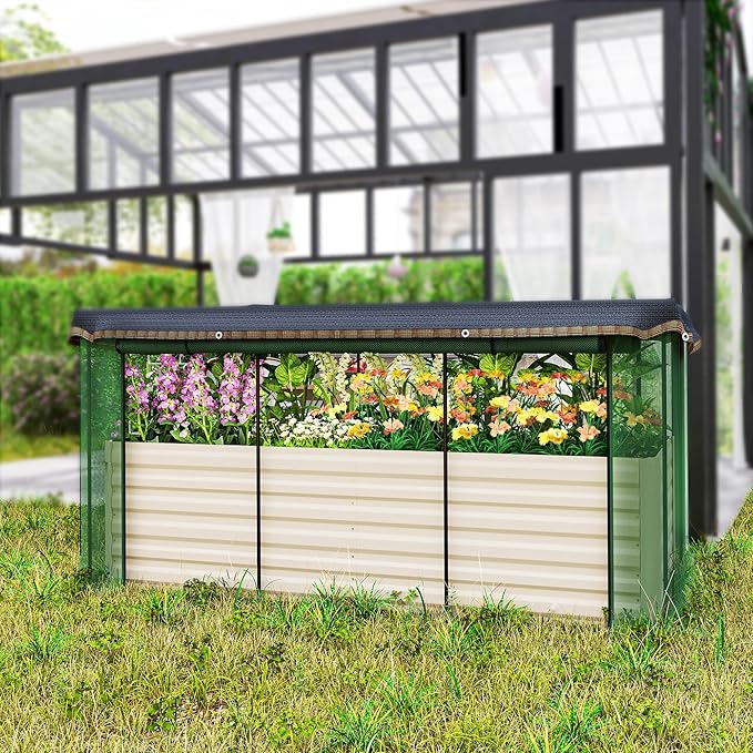 Outsunny 7.3 x 3.4 x 2 ft Galvanized Raised Garden Bed with Crop Cage Plant Protection Net and Shade Cloth Roof Metal Planter Box with Cover for Vegetables Flowers Herbs Beige