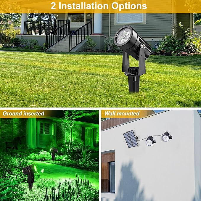 Green Solar Spot Lights Outdoor 2 Pack Solar Landscape Spotlights IP65 Waterproof 9.8ft Cable Auto On/Off Outdoor Wall Lights for Garden Yard Driveway Porch Walkway Pool (1-in-1)