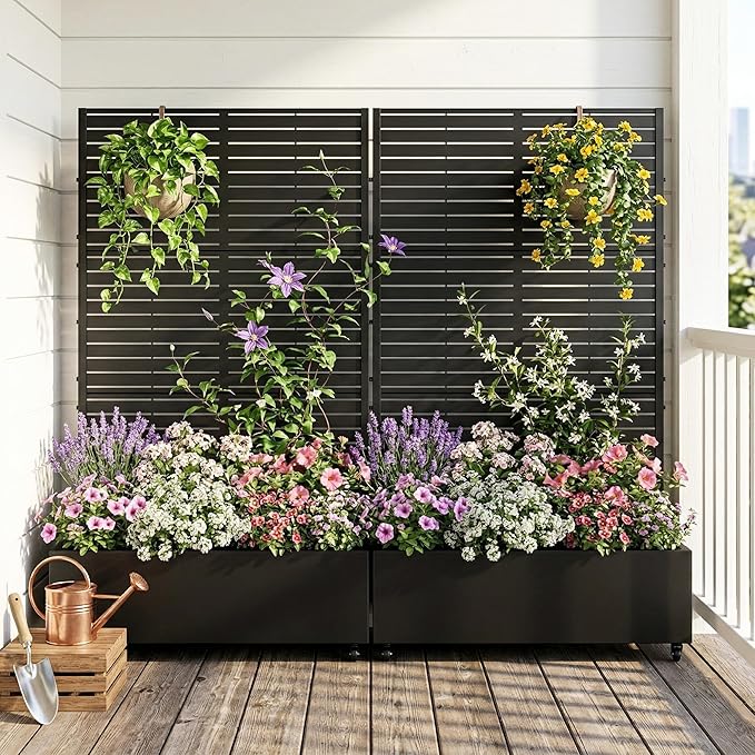Casaphoria Metal Raised Garden Bed with Trellis and Wheels 72x47x16 Planter Box for Climbing Plants Vegetables &amp Vines Features Drainage Holes and Privacy Screen (Black-Louvered)