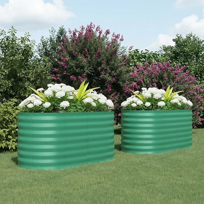 IDEALHOUSE 2 Pcs Galvanized Raised Garden Bed Outdoor 4x2x2Ft Oval Planter Garden BoxesLarge Metal Vegetable Plant Container Kit for Gardening VegetablesFruitsFlowers(Green)
