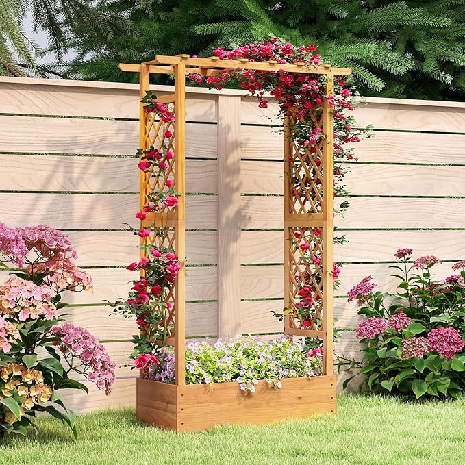 S AFSTAR 2 Pieces Wooden Raised Garden Bed with Trellis 70 Elevated Planter Box with Hanging Roof &amp Open-Ended Base for Climbing Vine Flower Herb Vegetable Outdoor Plant Container for Patio &am