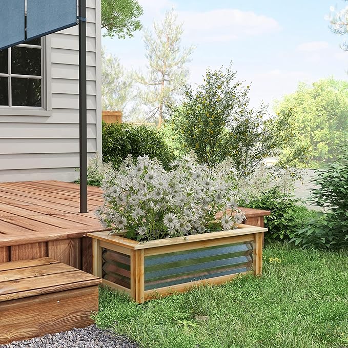 Outsunny Raised Garden Bed Outdoor Planter Box Galvanized Metal Reinforced with Wood Stock Tank for Growing Flowers Herbs and Vegetables
