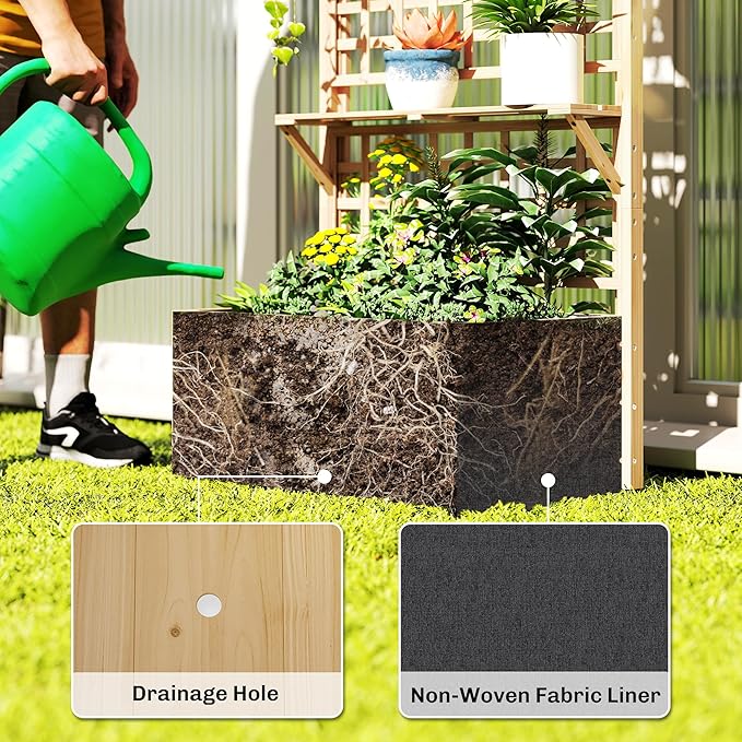 Outsunny Wooden Raised Garden Bed with Trellis and Roof Elevated Outdoor Planter Box with 2 Shelves Drainage Hole and Liner for Climbing Plants Vegetables Flowers Natural