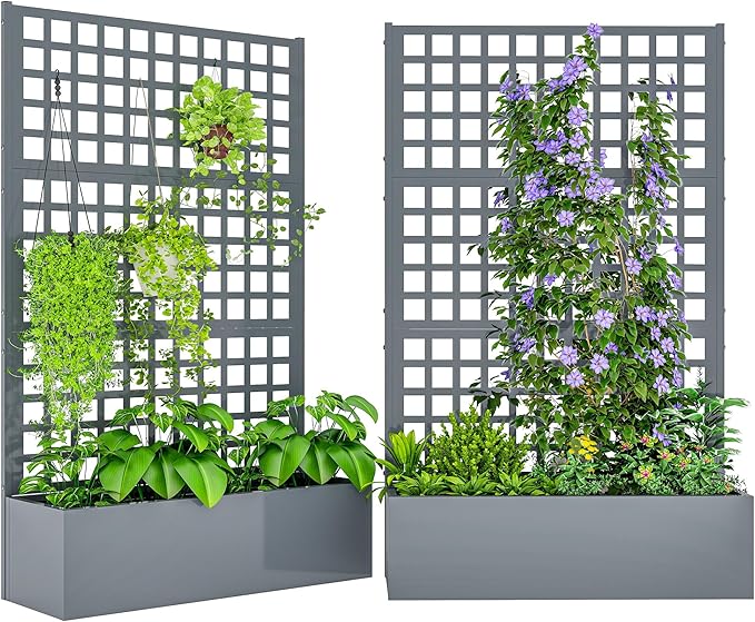 Outsunny Galvanized Raised Garden Bed with Trellis Metal Planter Box with Drainage Holes Outdoor Privacy Screen for Climbing Plants Vegetable Vines 43 x 16 x 70 2 Pack Gray Wood Effect