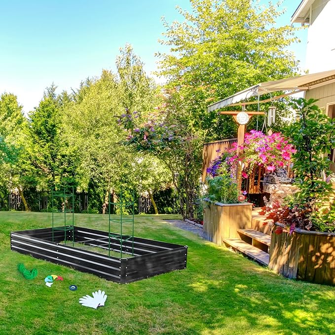 ONCEMORE Galvanized Raised Garden Bed for Vegetables Flowers Herbs Metal Raised Garden Bed Kit with 2 PCS Tomato Cage Gloves Trellis Netting Plant Labels Plant Ties Black 6×3×1FT