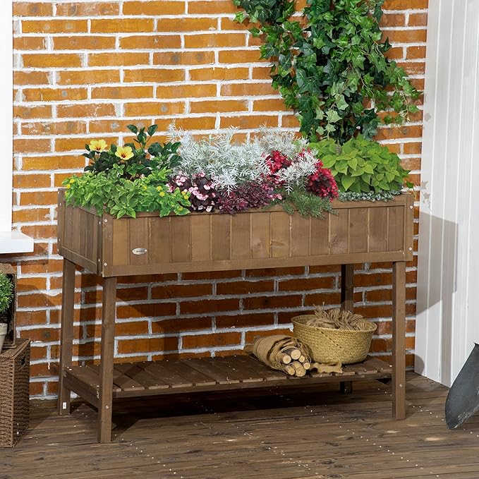 43x18x30in Raised Garden Bed with 8 Pockets and Shelf Wooden Elevated Planter Box with Legs to Grow Herbs Vegetables and Flowers Dark Brown
