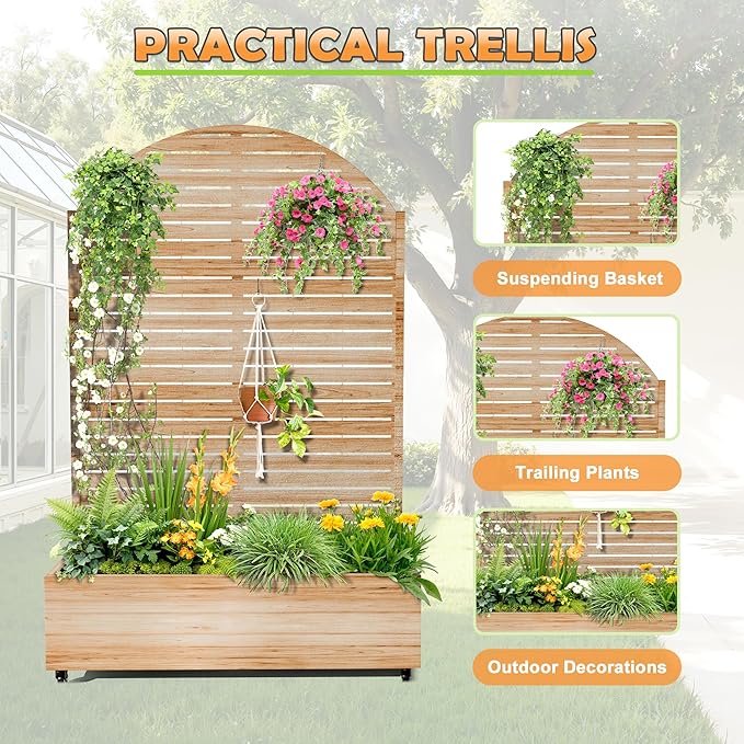Metal Raised Garden Bed with Trellis 2-in-1 Planter Box &amp Privacy Screen for Climbing Plants Outdoor Standing Flower Bed with Drainage Holes 47.2 L x 16.7 W x 70.8 H Acacia Wood Grain-Louve