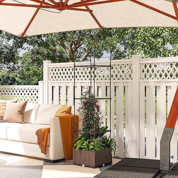 Raised Garden Bed with Trellis Self Watering Planter Box 69.7 Tomato Planters for Climbing Plants Vegetable Vine Flowers