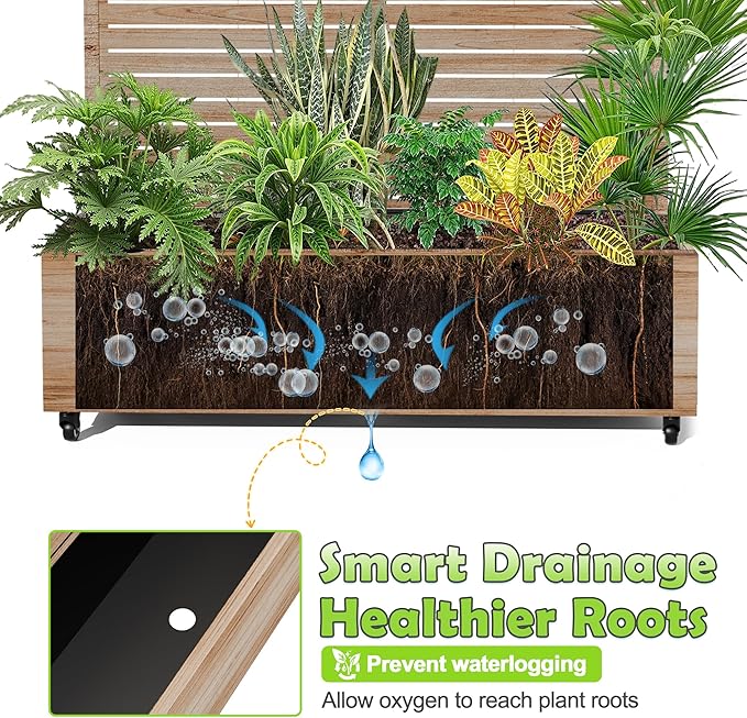 15.7×70.9×47.2 Metal Raised Garden Bed with Trellis and Wheels - Tall Trellis Planter Box for Climbing Plants Vegetables &amp Vines - Outdoor Privacy Planters for Patio (Acacia Wood Grain)