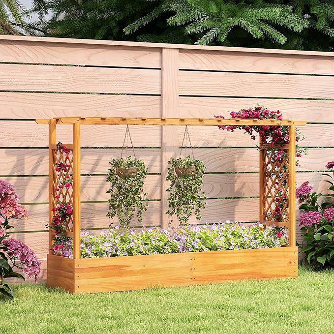 Happygrill 45 Raised Garden Bed with Trellis 2 Pack Wood Planter Box w/Hanging Roof 2 Side Trellises Open-Ended Base for Flower Climbing Plant Plant Container for Garden