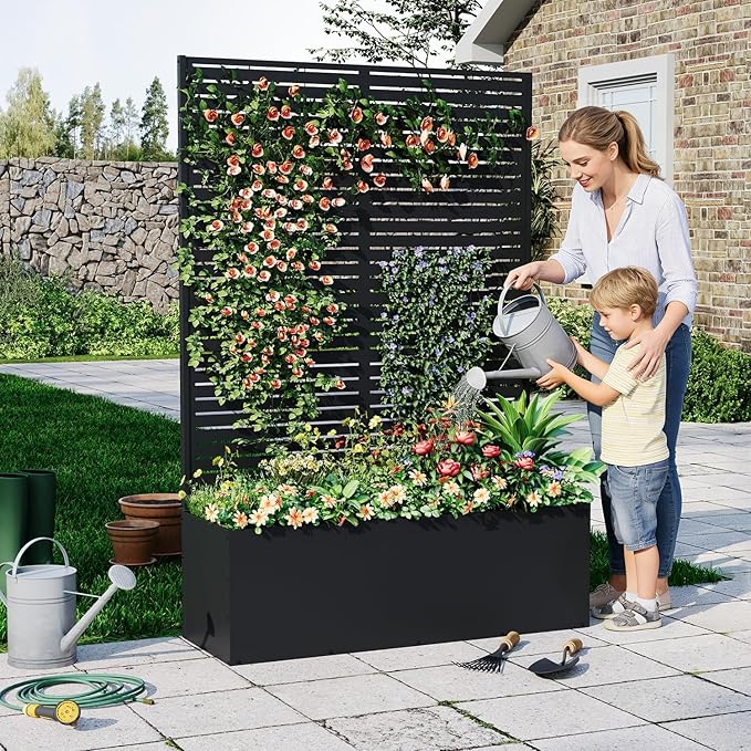 Metal Planter Box with Trellis 71X47X16 Privacy Planter for Patio Large Raised Garden Bed with Privacy Screen for Climbing Plants with Drainage Holes 15.7 Deep Planting Bed