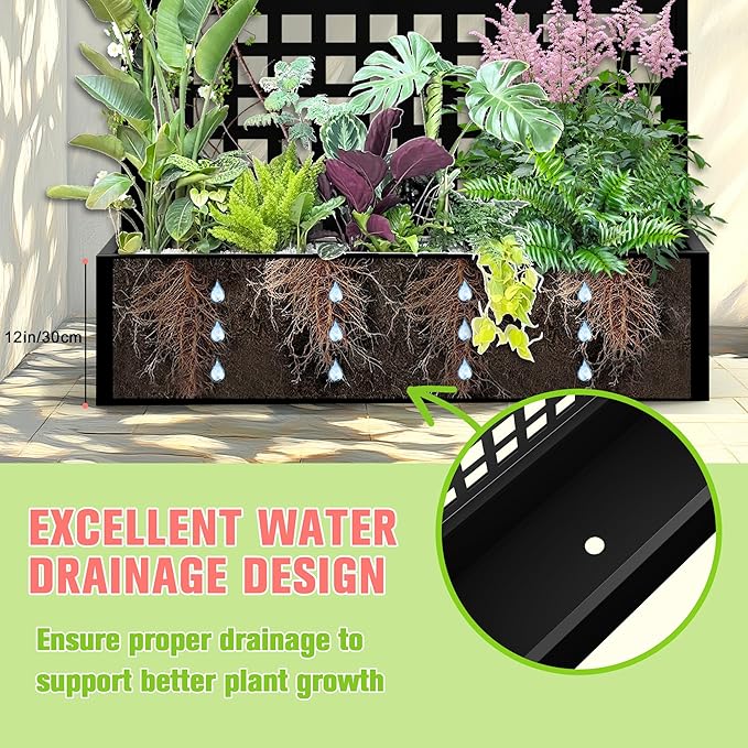 Metal Planter Box with Trellis Raised Garder Bed with Drainage Hole Privacy Screen &amp Trellis for Climbing Plants Outdoor Plant Stands 47''L×17''W×71''H Black