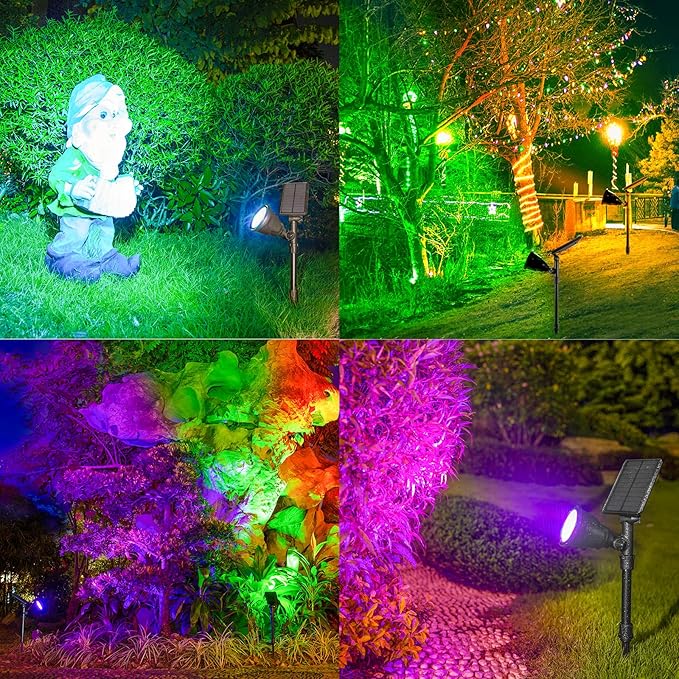 Solar Outdoor Spotlights - 18 LED 600 Lumens Waterproof 7 Colors Adjustable for Year Round Patio Garden and Landscape Festive Lighting (1 Pack)