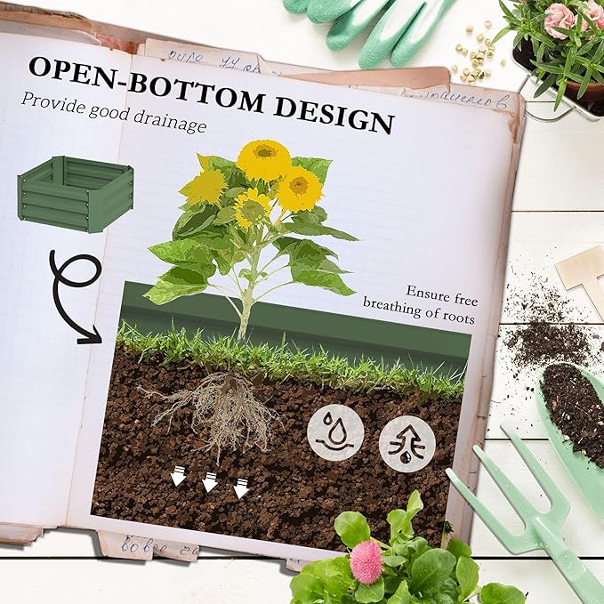 24x24x11.75 Galvanized Urban Garden Planter Box with Built-in Tomato Cages Green Color Weatherproof Construction Design