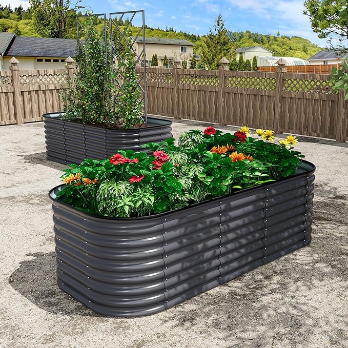 6ftx3ftx2ft Raised Garden Bed Outdoor for Vegetables 9-in-1 Galvanized Metal Planter Box with 2 Aluminum Support Rods 24''H Modular Garden Bed Kit Oval for Herbs and Flowers Gray