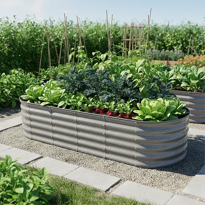 Relaxdays Raised Bed Galvanised Metal Flowers Plants &amp Vegetables H45 x W150 x D60 cm Oval Plant Bed Silver